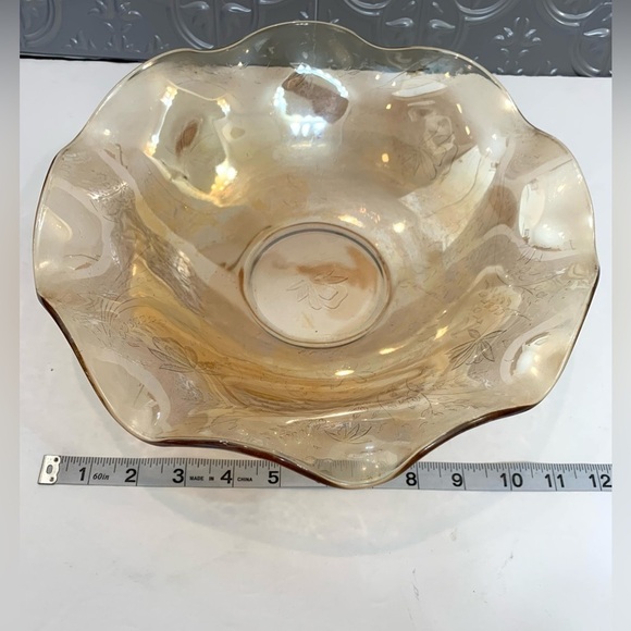 Vintage Jeannette Floragold Louisa Carnival glass bowl ruffled edge c. 1950 - Picture 3 of 5